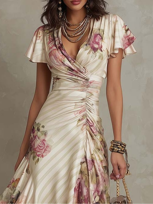 Alba | Elegant Retro Floral Satin Midi Dress 🖤