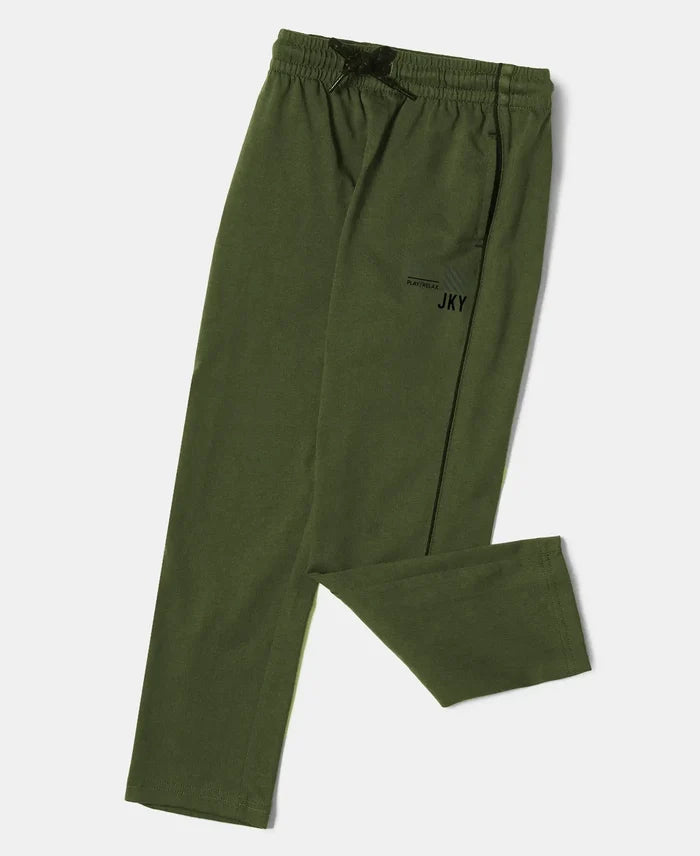 Boy's Super Combed Cotton Rich Graphic Printed Trackpants with Contrast Side Piping - Thyme