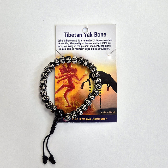 Mala Bracelet - Tibetan Yak Bone Dark with Mantra and Black Guru Bead