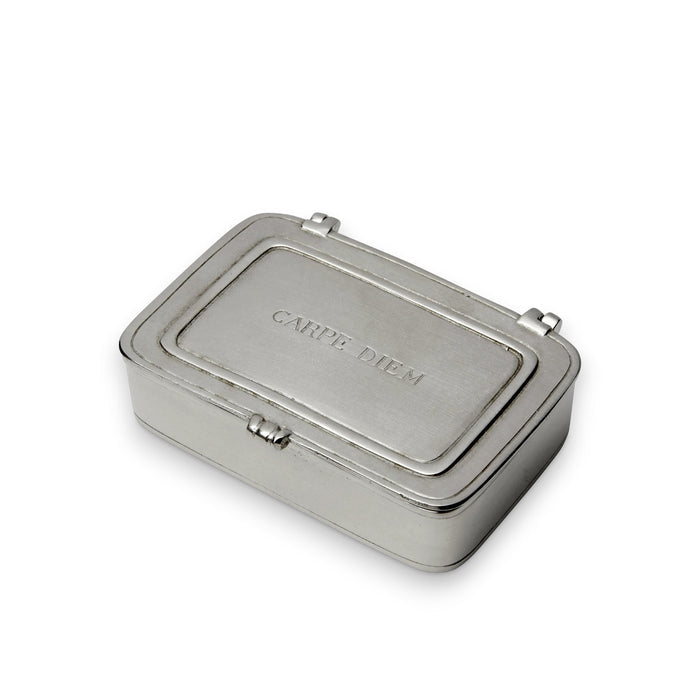 The MATCH 'CARPE DIEM' Pewter Box is a small, rectangular box with a hinged lid engraved "CARPE DIEM" on top, shown against a white background.