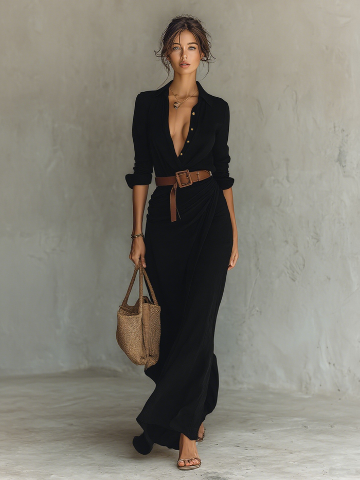 Maxi Long Dress with Lapel Collar and Long Sleeves for Women 🖤