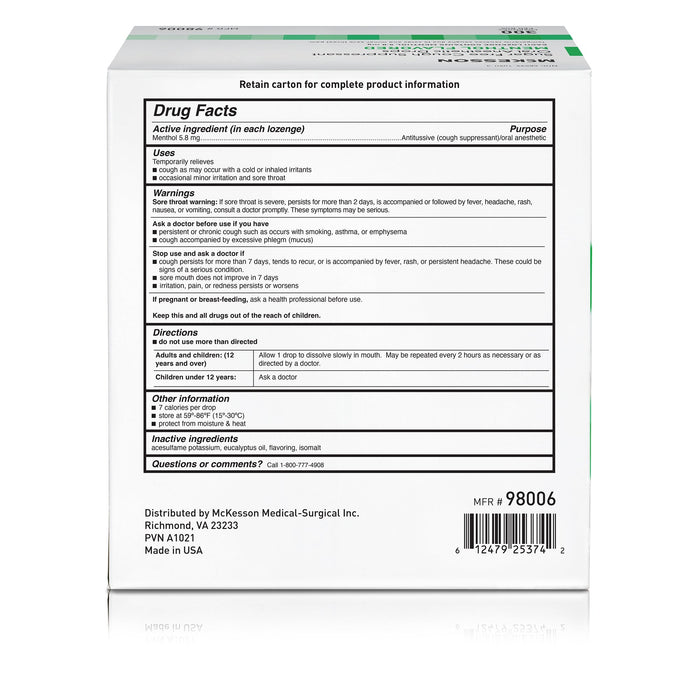 McKesson Sugar Free Cough Suppressant Oral Anesthetic Drops, Menthol Flavored - 98006-Box - LL Medico
