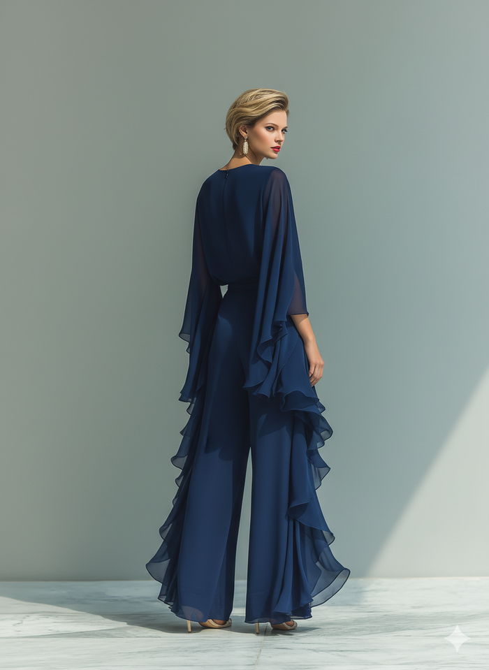 🌸 Navy Blue Chiffon Top Set with Flared Sleeves and Straight-Leg Pants with Ruched Details