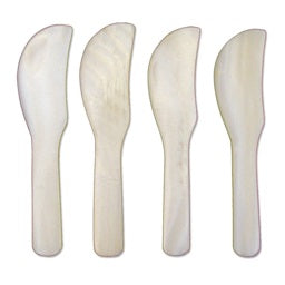 The SEA SHELL SPREADERS S4 by BE HOME, INC feature four ethically sourced wooden butter spreaders with rounded blades and short handles, standing upright in a row against a plain white background.