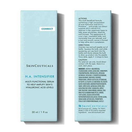 A 30 ml SKINCEUTICALS - HA INTENSIFIER serum by SKIN CEUTICALS in a dark purple dropper bottle with a black cap, designed to boost skin hydration and hyaluronic acid levels.