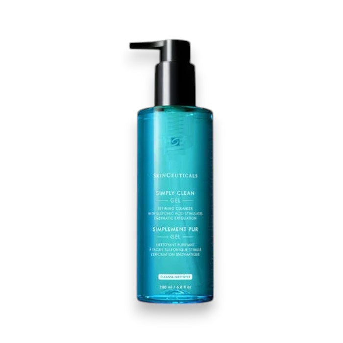 A blue bottle of SKINCEUTICALS - SIMPLY CLEAN CLEANSER by SKIN CEUTICALS with a black pump, featuring 200 ml (6.8 fl oz) of purifying, makeup-removing gel cleanser, shown on a white background.