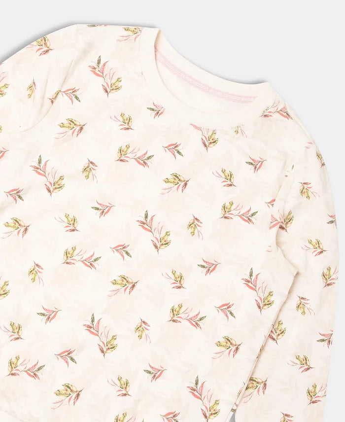 Super Combed Cotton Elastane Stretch French Terry Fabric Printed Sweatshirt with Ribbed Cuffs - Antique White