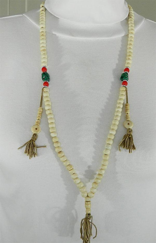 108 Bead Mala Necklace - White Yak Bone & Turquoise
