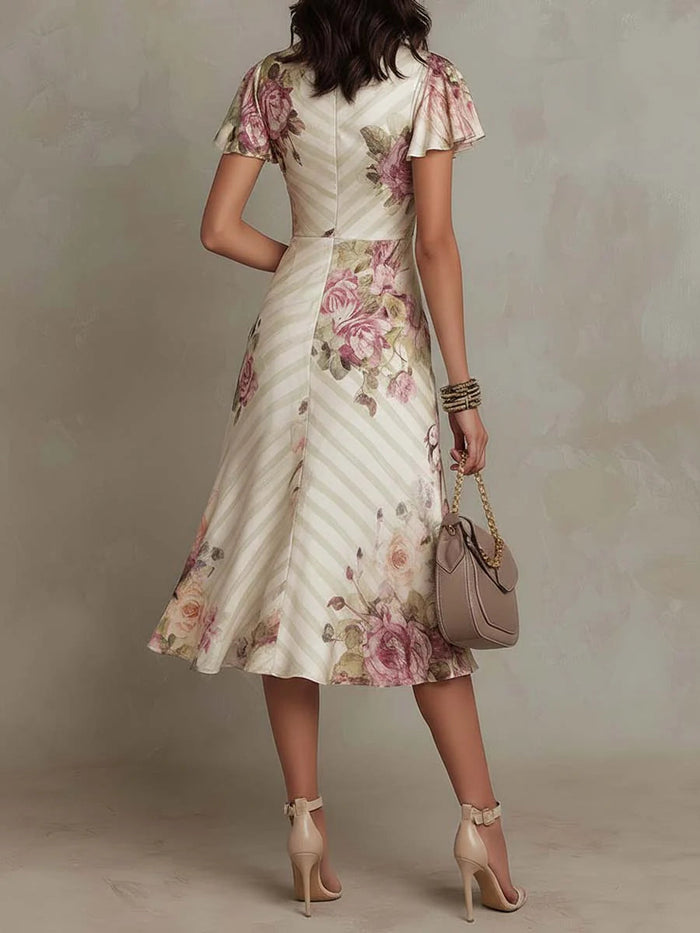Alba | Elegant Retro Floral Satin Midi Dress 🖤