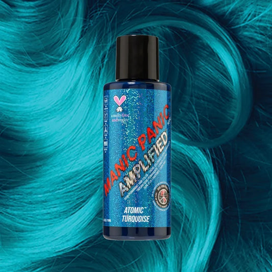 Manic Panic Amplified Atomic Turquoise bottle on aqua-teal wavy hair background