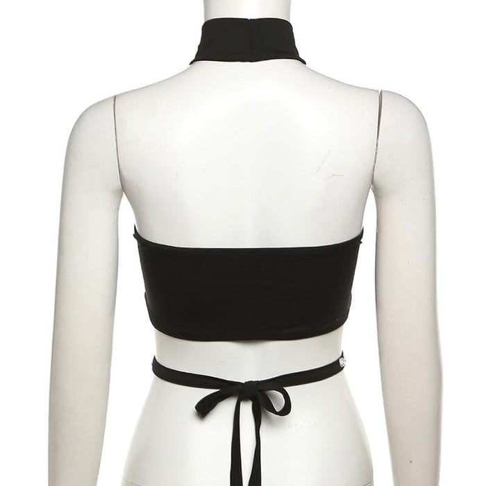 Beaded contrast halter hollow out backless crop cut out top