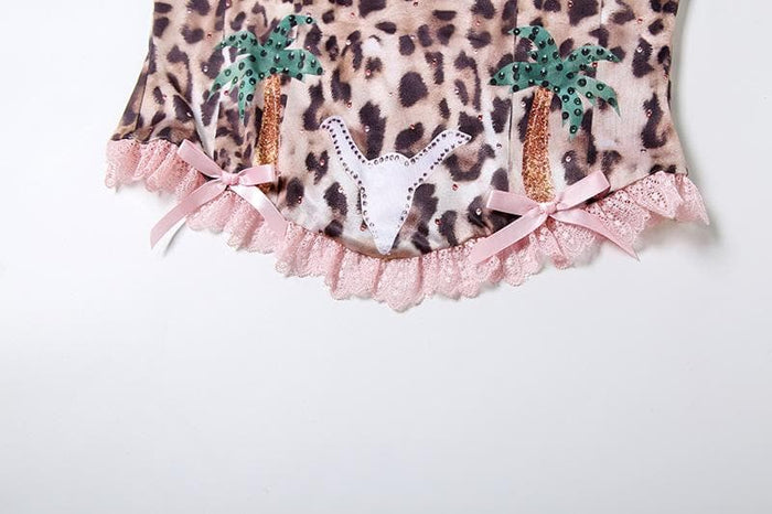 Bowknot leopard print lace hem backless tube top