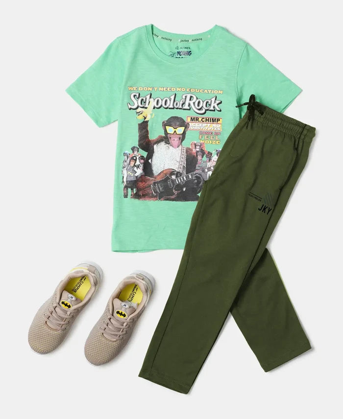 Boy's Super Combed Cotton Rich Graphic Printed Trackpants with Contrast Side Piping - Thyme