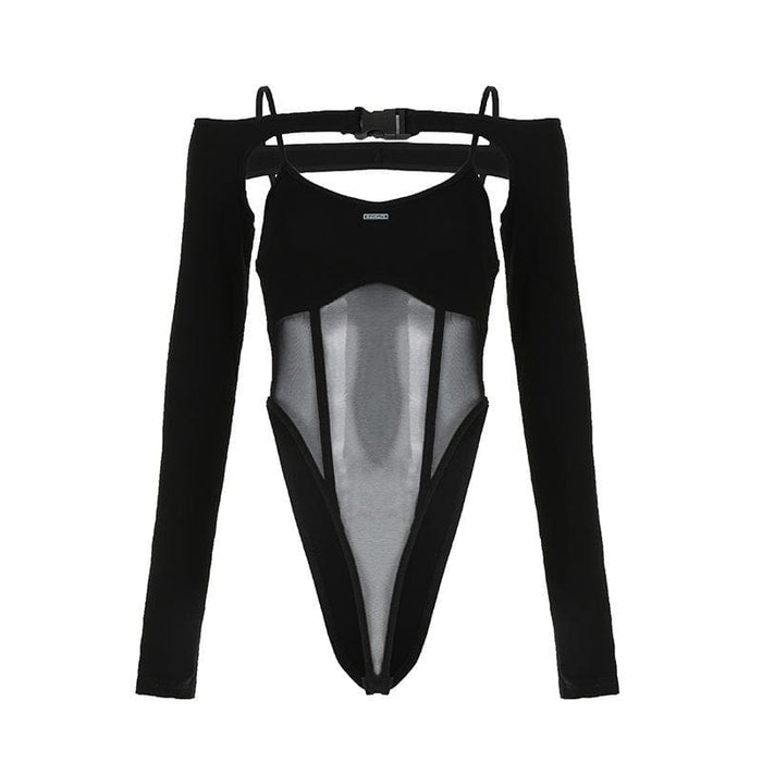 Buckle mesh off shoulder long sleeve solid shrug 2 piece bodysuit