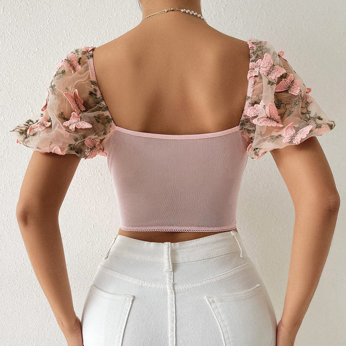 Butterfly embroidery drawstring mesh lace up bustier crop top