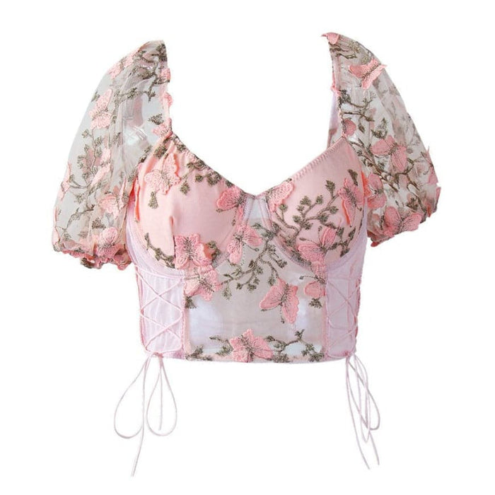 Butterfly embroidery drawstring mesh lace up bustier crop top