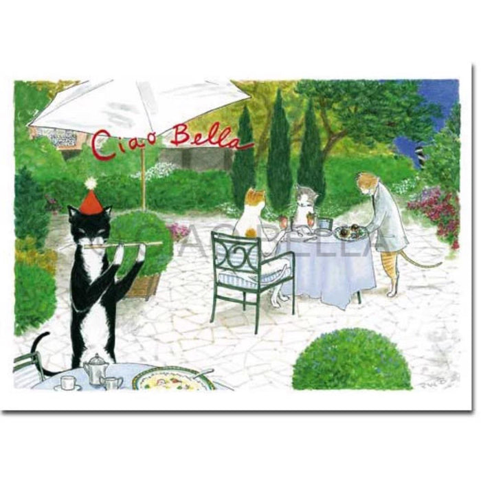 The CIAO BELLA - HOTEL CIPRIANI CARD by CIAO BELLA features a tuxedo cat in a red party hat waving under an umbrella that says "Ciao Bella," as three cats enjoy food at a garden café—perfect for any note, includes envelope.