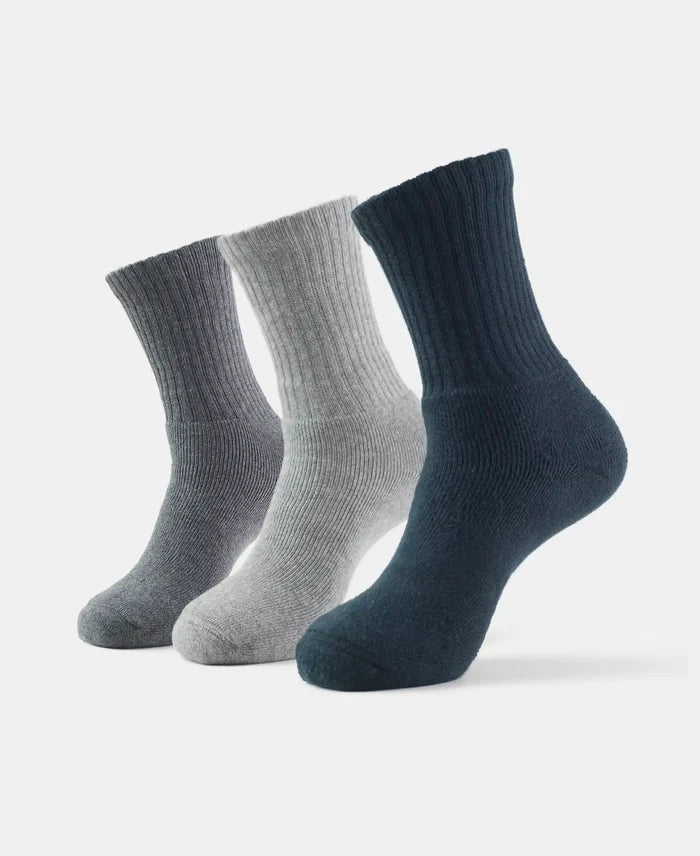 Compact Cotton Terry Crew Length Socks With StayFresh Treatment - Black, Midgrey Melange & Charcoal Melange (Pack of 3)