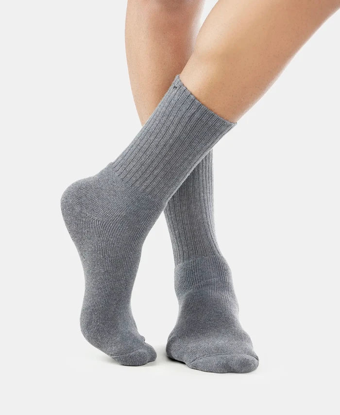 Compact Cotton Terry Crew Length Socks With StayFresh Treatment - Black, Navy & Charcoal Melange (Pack of 3)