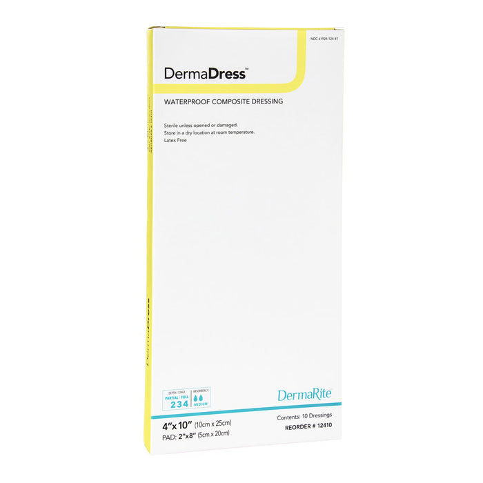 DermaDress Composite Dressing, Rectangle Sterile Waterproof Film Backing — 4" x 10"