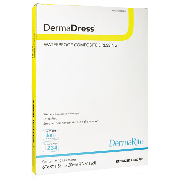 DermaDress Composite Dressing, Rectangle Sterile Waterproof Film Backing — 6" x 8"