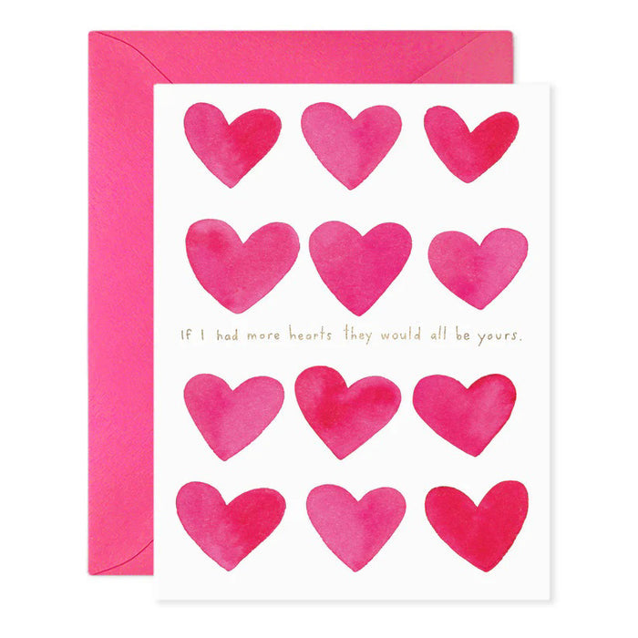 The E. FRANCES PAPER "If I Had More Hearts" Valentine Greeting Card features twelve pink watercolor hearts in a 3x4 grid on luxurious paper, with a message: "If I had more hearts, they would all be yours," and comes with a matching pink envelope.