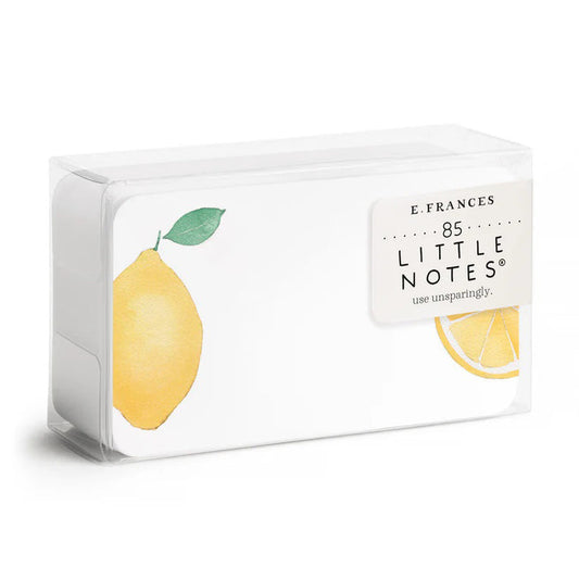 The E. FRANCES PAPER - LEMON LITTLE NOTES come in a clear box with 85 hand-painted watercolor lemon-illustrated cards. The label says, "E. Frances, Little Notes, use unsparingly." These notecards add citrus charm to any message with simple packaging featuring lemon graphics.