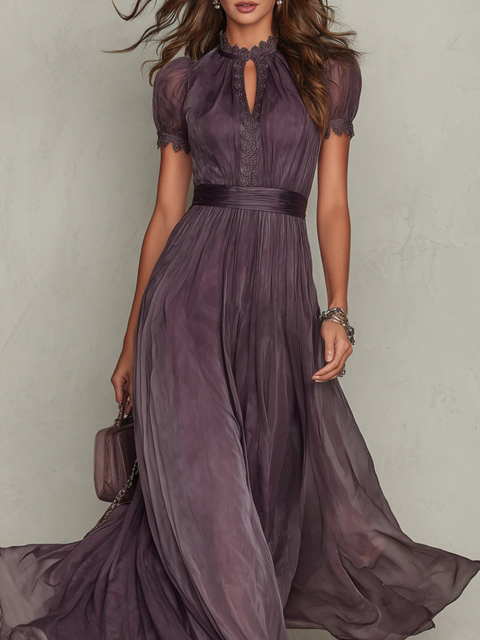 ESSENTIAL - Flavia • Long Purple Dress with Keyhole Neckline & Chiffon Lace Trim