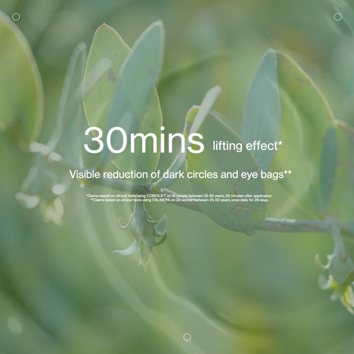 Product advertisement with green leaves and text about a lifting effect on eyes.