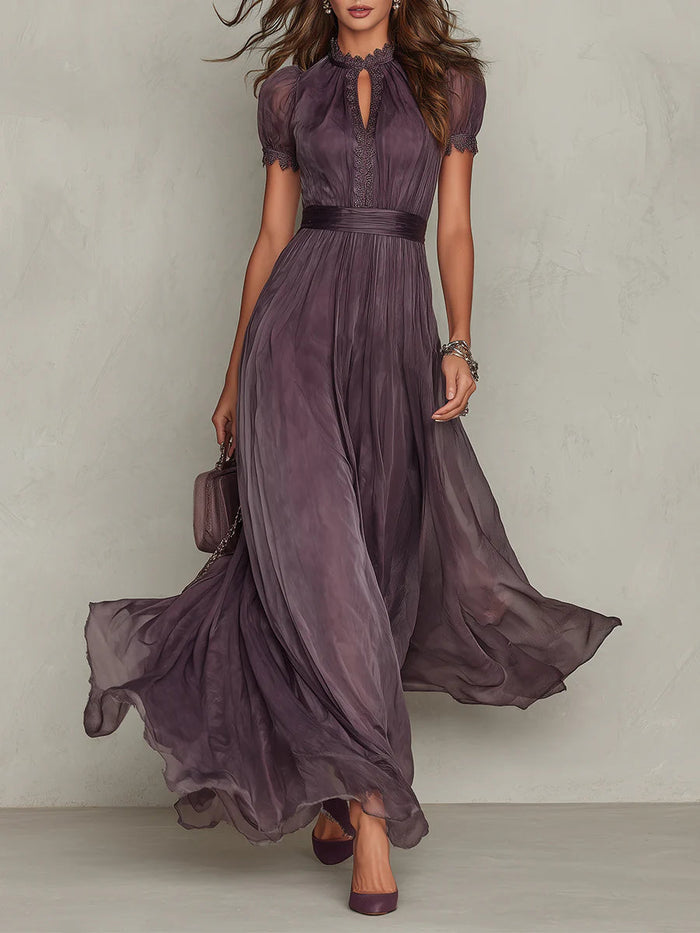 Flavia • Long Purple Dress with Keyhole Neckline & Chiffon Lace Trim 🖤