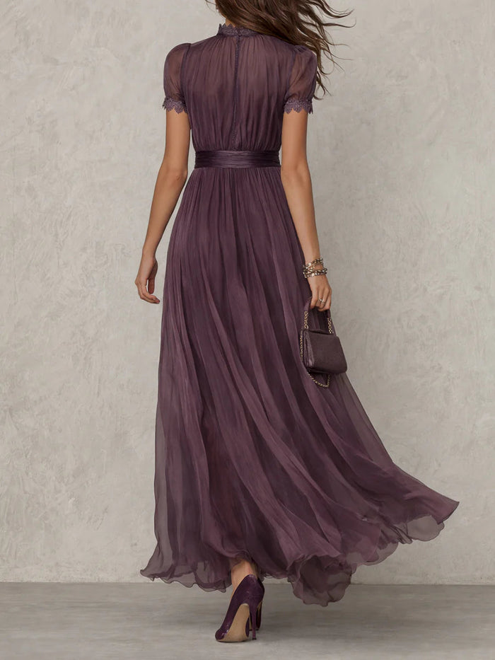 Flavia • Long Purple Dress with Keyhole Neckline & Chiffon Lace Trim 🖤