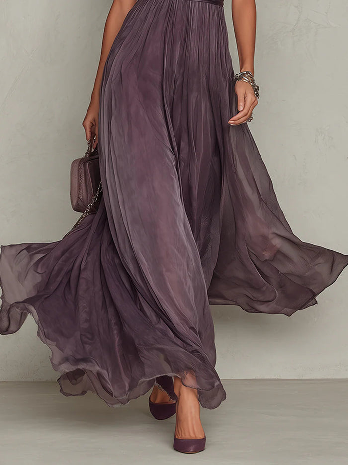 Flavia • Long Purple Dress with Keyhole Neckline & Chiffon Lace Trim 🖤