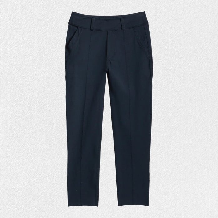 The FRANK & EILEEN Murphy Billion Dollar Pant in black, featuring a tailored waistband and side pockets, is displayed flat on a white textured background.