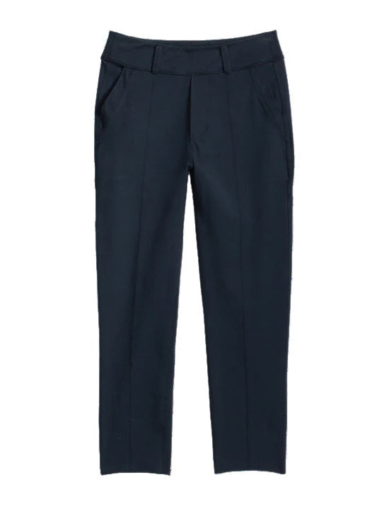The FRANK & EILEEN Murphy Billion Dollar Pant in black, featuring a tailored waistband and side pockets, is displayed flat on a white textured background.