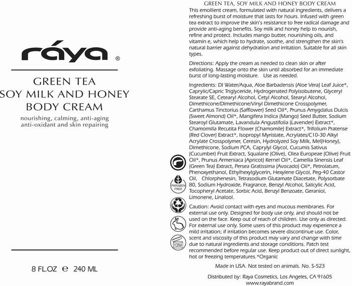 GREEN TEA SOY MILK AND HONEY BODY CREAM (S-523) RAYA SPA - rayaspa