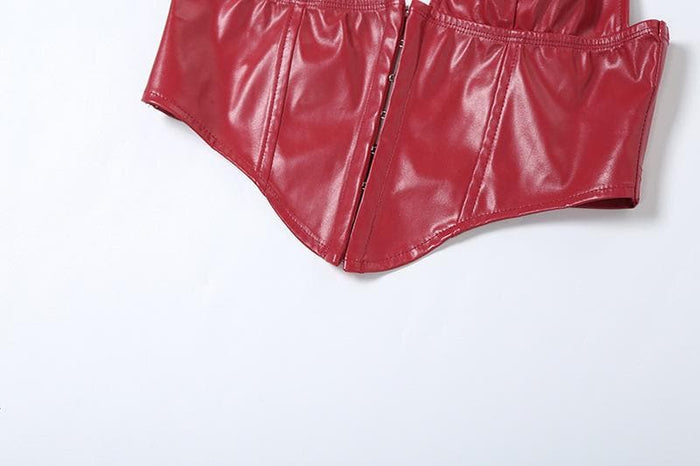Halter PU leather V neck corset button top