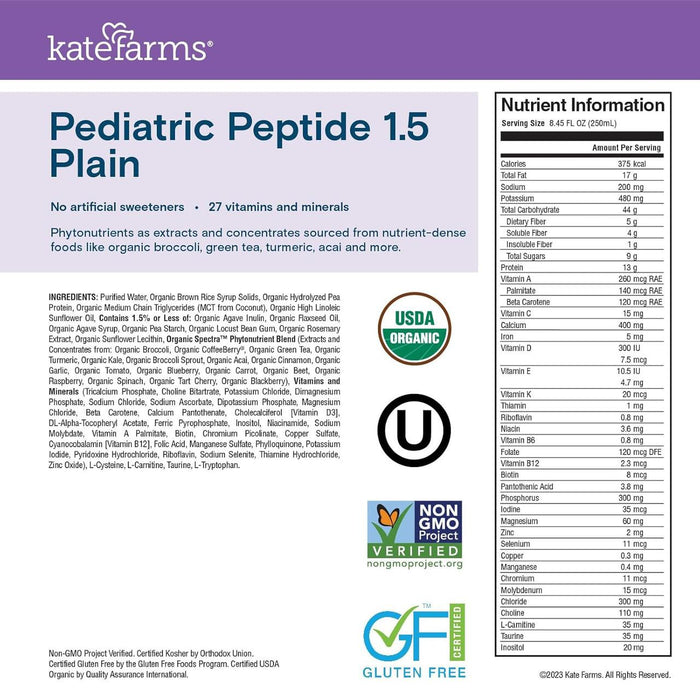 Kate Farms Pediatric Peptide 1.5, Plain, CS/12 - 811112030706-Case - LL Medico