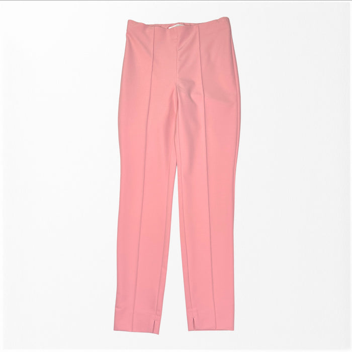 The MAC - ANNA PULL ON PANT by MAC features high-waisted, straight-leg pink trousers made from easy-care fabric, with front creases and small hem slits, shown on a white background.