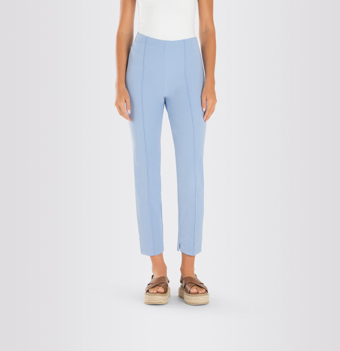 The MAC - ANNA PULL ON PANT by MAC features high-waisted, straight-leg pink trousers made from easy-care fabric, with front creases and small hem slits, shown on a white background.