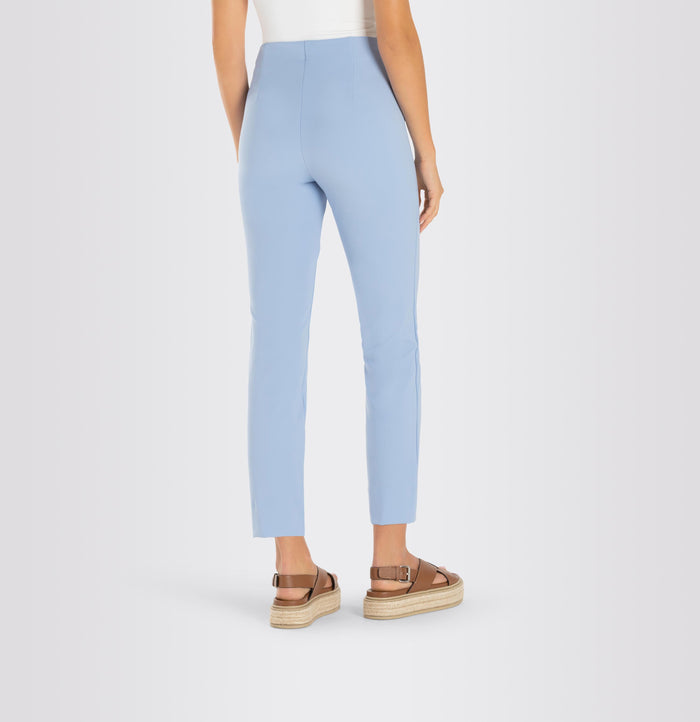 The MAC - ANNA PULL ON PANT by MAC features high-waisted, straight-leg pink trousers made from easy-care fabric, with front creases and small hem slits, shown on a white background.
