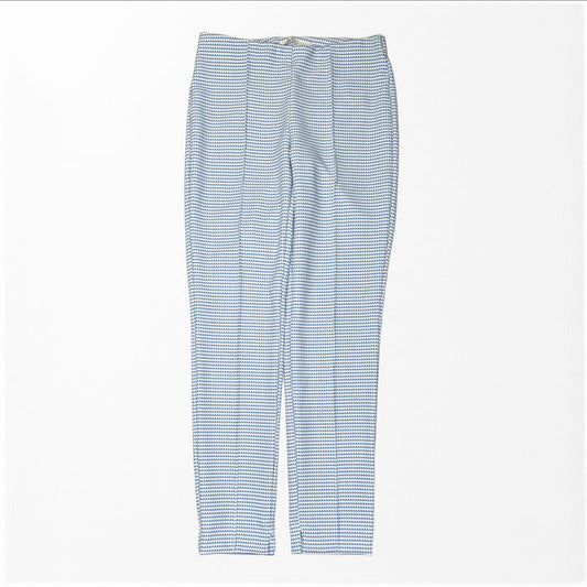 The MAC - ANNA PULL ON trousers by MAC are slim fit, blue and white checkered, shown front-facing with a fitted waist and straight legs, crafted from easy-care material and laid flat on a white background.