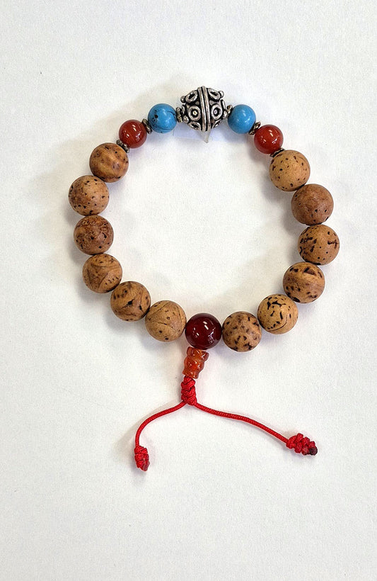Mala Bracelet - Bodhi Seed with Carnelian, Turquoise and Large Metal Bead