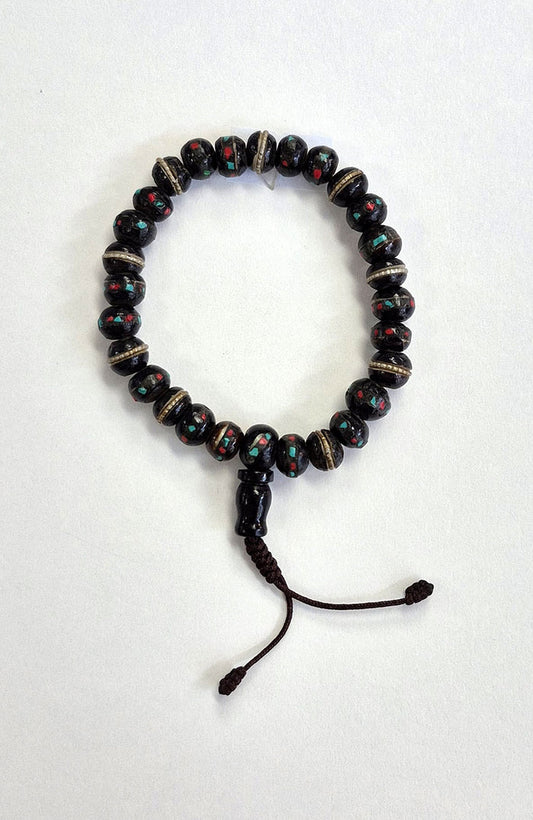 Mala Bracelet - Tibetan Yak Bone Black Inlaid with Black Guru Bead