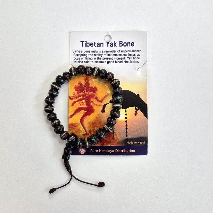 Mala Bracelet - Tibetan Yak Bone Black Inlaid with Black Guru Bead