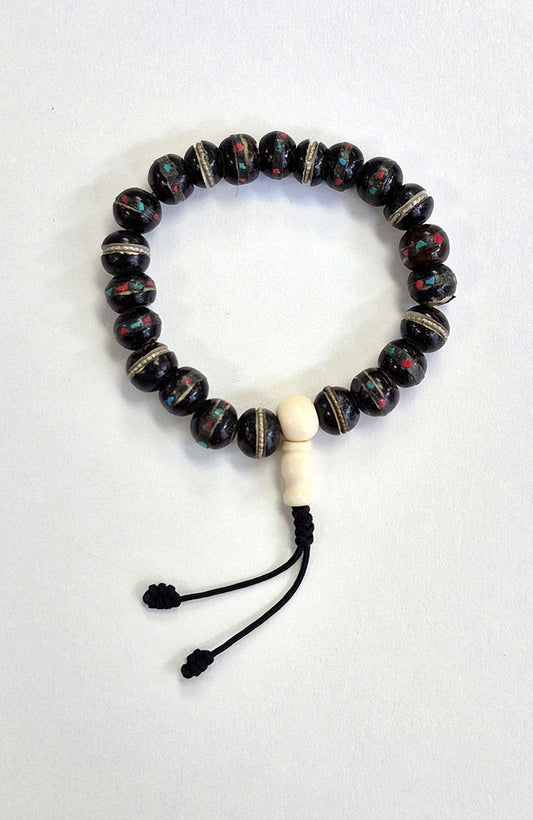 Mala Bracelet - Tibetan Yak Bone Black Inlaid with White Guru Bead