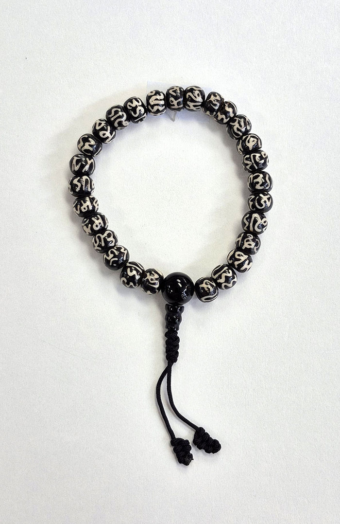 Mala Bracelet - Tibetan Yak Bone Dark with Mantra and Black Guru Bead