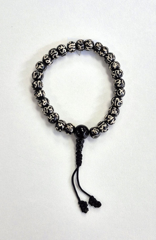 Mala Bracelet - Tibetan Yak Bone Dark with Mantra and Black Guru Bead