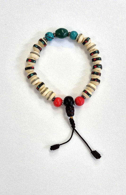 Mala Bracelet - Tibetan Yak Bone White Inlaid with Turquoise, Green Onyx and Red Beads