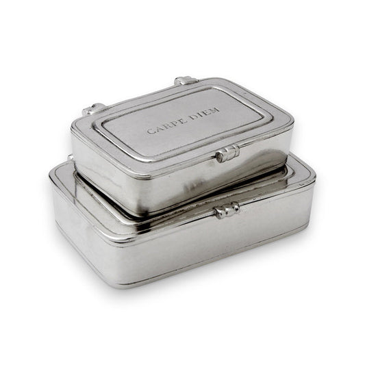 The MATCH - PEWTER 'CARPE DIEM' BOX LARGE by MATCH is a rectangular keepsake box with rounded edges, small latches, and "CARPE DIEM" engraved on the lid—an elegant gift for any special occasion.