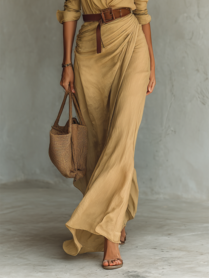 Maxi Long Dress with Lapel Collar and Long Sleeves for Women 🖤